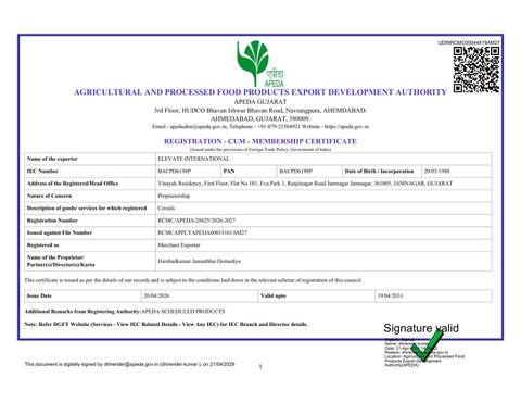 APEDA certificate from Elevate International