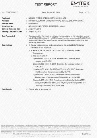 RoHS certificate from Ningbo Anmas Optoelectronic Co., Ltd.