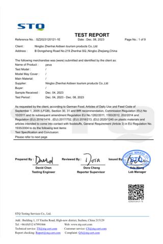 Certificates certificate from Ningbo Aidisen Tourism Products Co., Ltd
