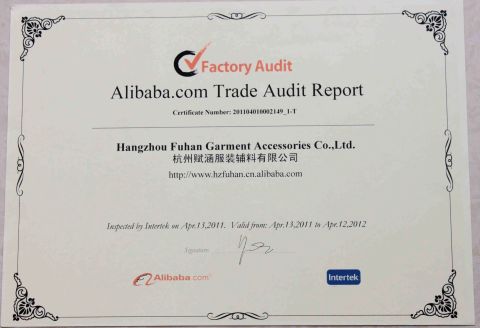Alibaba.com Trade Audit Report certificate from Hangzhou Fuhan Garment Accessories Co., Ltd.