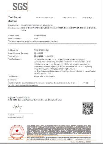 Aluminum  OSP  REACH test report certificate from Finest Printed Circuit Board Ltd.