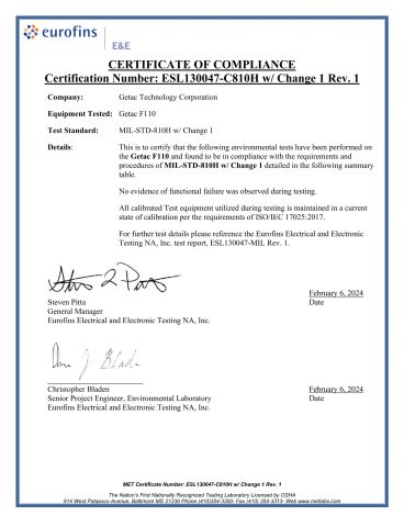 F110 MIL-STD-810H certificate from Beijing Jianianhuaye Technology Co., Ltd
