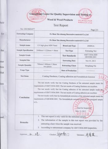 UV Glossy Board Test Report page 1 certificate from GUANGDONG XIN CHUANG NEW MATERIAL TECHNOLOGY CO., LTD.