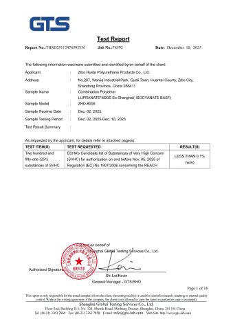GTS certificate from Zibo Huide Polyurethane Products Co., Ltd.