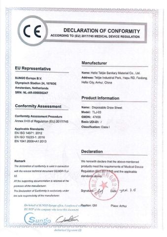 CE-for-disposable-draw-sheet certificate from HEFEI TELIJIE SANITARY MATERIAL CO., LTD.