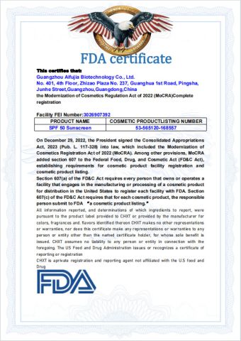 FDA certificate from Guangzhou Aifujia Biotechnology Co., Ltd.