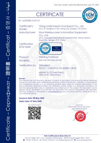 CE-Positioner certificate of Wuxi Weldsuccess Automation Equipment Co., Ltd. – certificate photo, supplier certificates section