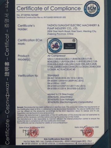 CE certificate from Taizhou Sunlight Electric Machinery & Pump Industry Co., Ltd