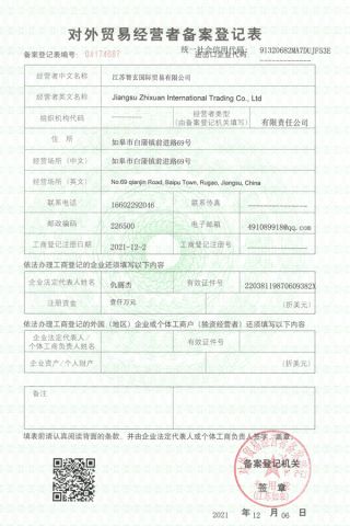 Export License certificate from Jiangsu Zhixuan International Trading Co., Ltd.