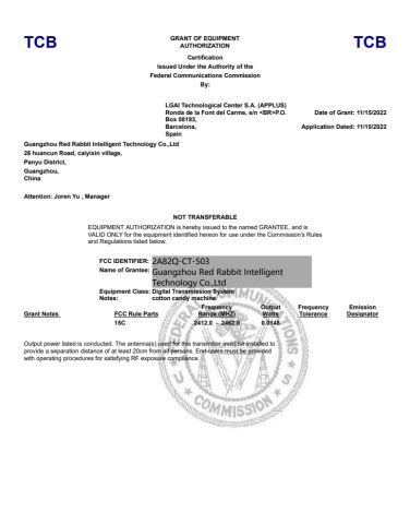 FCC certificate of Guangdong Red Rabbit Technology Co., Ltd. – certificate photo, supplier certificates section