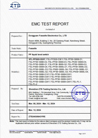 CE Report certificate from Dongguan Fosselle Electronics Co., Ltd