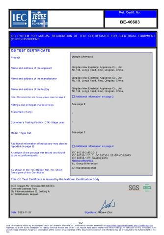 CB certificate of Qingdao Mox Electrical Appliance Co., Ltd – certificate photo, supplier certificates section
