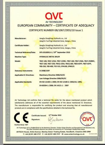 CE certificate from Jiangsu Dongfang Hydraulic Co., Ltd.