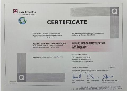 IATF 16949 Automotive Quality Management System certificate from Kseet Special Metal Products Co., Ltd.
