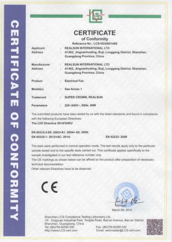 CE certificate for Electrical fan certificate from ZHONGSHAN DOUBLE CROWN ELECTRICAL APPLIANCE CO., LIMITED