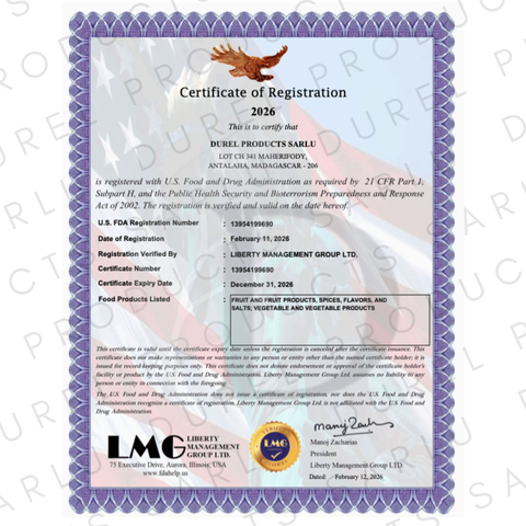 FDA Certificate certificate from DUREL PRODUCTS 