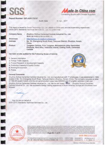 Audited Supplier Report by SGS certificate from Zhuzhou Lifa Cemented Carbide Industrial Co., Ltd.