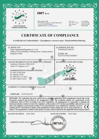 KLP-Kpluslift Certificate certificate of Kplus Equipment(Hangzhou) Co., Ltd – certificate photo, supplier certificates section