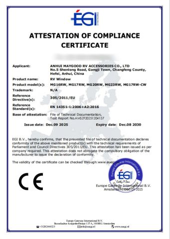 CE Certificate For RV Windows certificate from Anhui Maygood RV Accessories Co., Ltd.