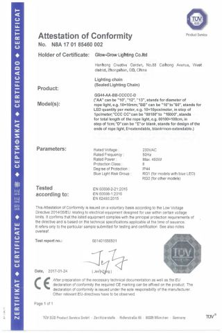 Rope light CE certificate certificate of Glow-Grow Lighting Co., Ltd. – certificate photo, supplier certificates section