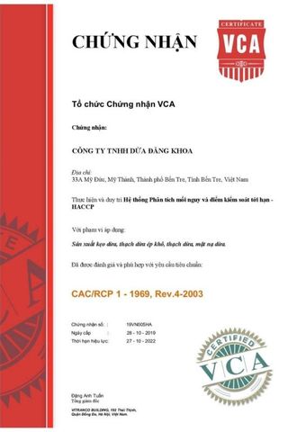 RCP certificate from Dang Khoa Coconut Company Limited