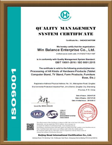 ISO9001 certificate from Win Balance International Trade Co., Ltd