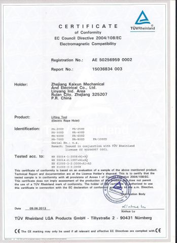 new EMC certificate certificate from Zhejiang Kaixun Mechanical and Electrical Co., Ltd.