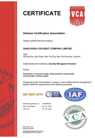 ISO 9001:2015 certificate from Dang Khoa Coconut Company Limited