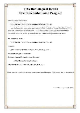 FDA certificate from Jinan Knoppo Automation Equipment Co., Ltd.