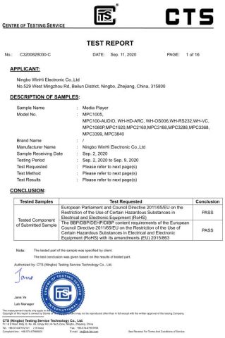 Winhi Digital Signage ROHS certificate from Ningbo Beilun Bonsen Auto Electron Co., Ltd.