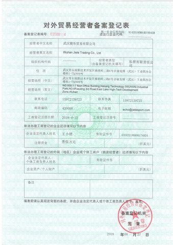 License Photo certificate from Wuhan Jiele Trading Company Ltd.