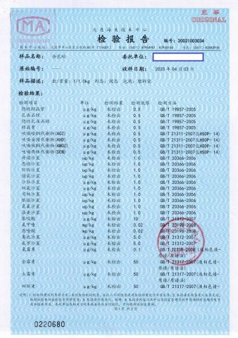 Frozen Clam-Antibiotic Test Report certificate from Dacheng International Trade Co., Ltd.