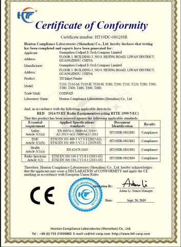 CE certificate of TIJ printer certificate of Guangzhou Codpad E-Tech Co., Ltd. – certificate photo, supplier certificates section