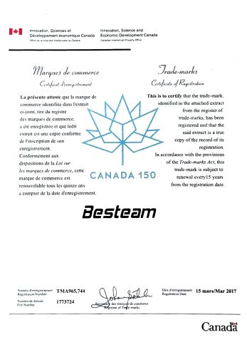 BESTEAM- Canada certificate from Xiamen Junmao Technology Co., LTD