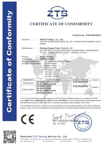 ZTS21092218NCD Rotary Hammer CE_MD_EN IEC Certification certificate of AWLOP TRADING CO., LTD. – certificate photo, supplier certificates section