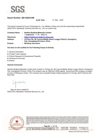 SGS certificate from NEWLINE BUILDING MATERIALS LIMITED