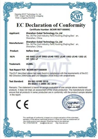 CE of Reflow Oven certificate from Shenzhen Oubel Technology Co., Ltd.