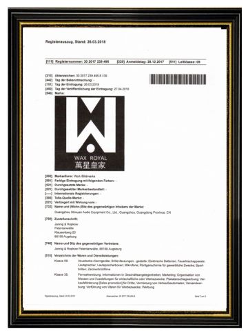 Trademark registration application certificate from Guangzhou Shixuan Audio Equipment Co., Ltd.
