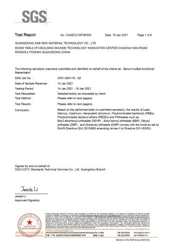 SGS report for barium sulfate masterbatch certificate from GUANGDONG XIMI NEW MATERIAL TECHNOLOGY CO., LTD.