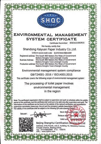 ISO 14001 certificate from Shandong Kaiyuan Paper Industry Co., Ltd.