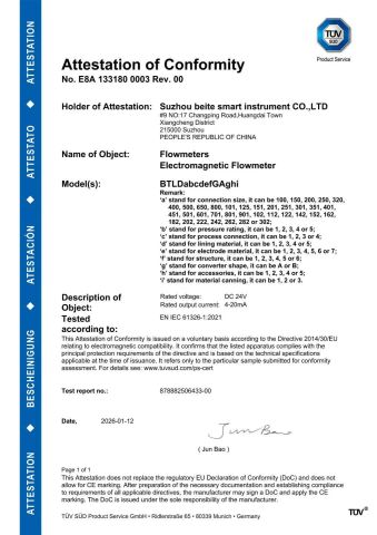 Electromagnetic CE certificate from Suzhou Beite Smart Instrument Co., Ltd