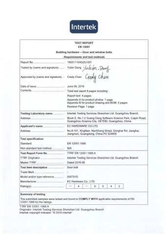 Intertek door bolt certificate from EC Hardware Co., Ltd.