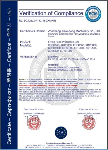 Frying Food Production Line certificate of ZHUCHENG XINXUDONG MACHINERY CO., LTD. – certificate photo, supplier certificates section