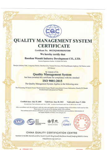 ISO 9001 certificate from Baoshan Wasabi Industry Development Co., Ltd.