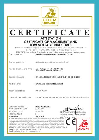 CE of waste acid treatment equipment certificate from Hebei Annuo Automation Technology Co., Ltd.