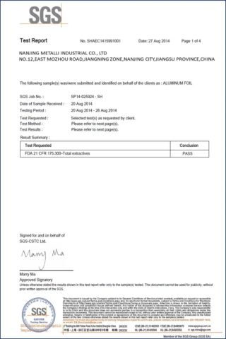 FDA certificate certificate from Nanjing Metalli Industrial Co., Ltd.