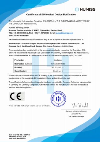 CE certificate from Jiaozuo Changxin Technical Development of Radiation Protection Co., Ltd.