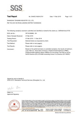 BaSO4 SGS certificate from SHANGHAI TENGMIN INDUSTRY CO., LTD.
