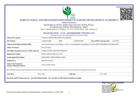 Agricultural And Processed Food Products Export Development Authority (APEDA)    certificate from Gazala Agroworld Pvt Ltd