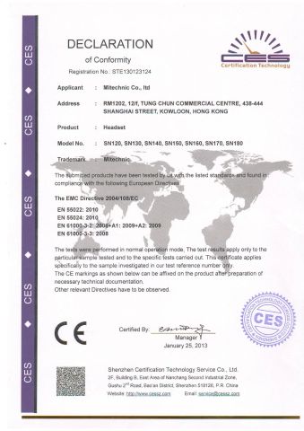 Headset CE certificate from Mitechnic Co., Ltd